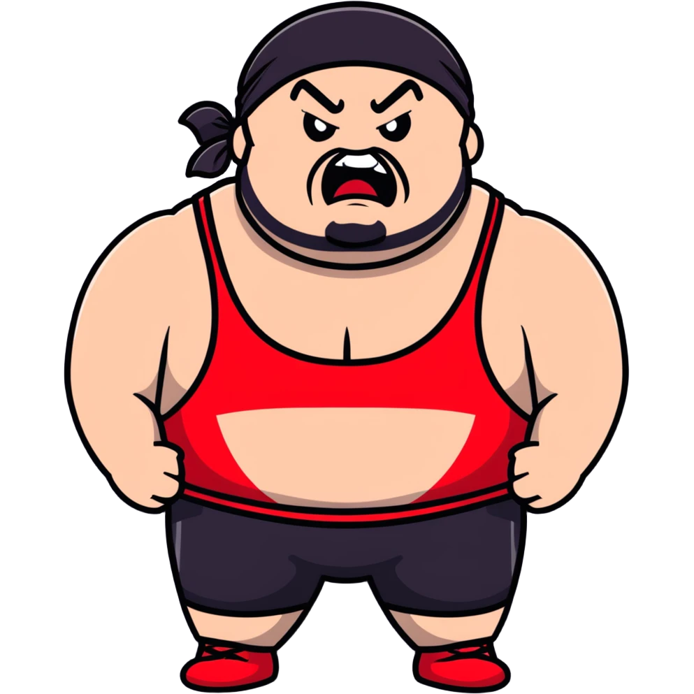 White skin fat guy with prominent black durag, shaved beard stubble, black eyes in a red and black wrestling singlet with angry face emoji
