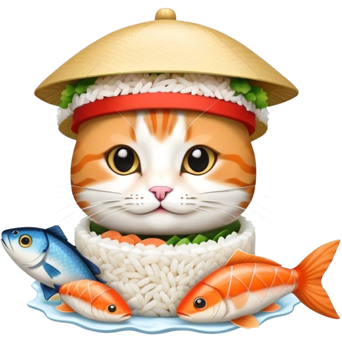 cat wearing a hat with a rice base and multiple fish pieces on top, sushi hat emoji