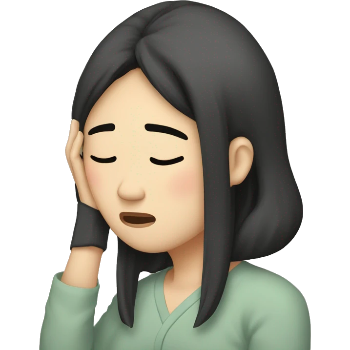 Headache, middle-aged Korean woman in her 40s, with only one hand on her head, painful face, black hair emoji