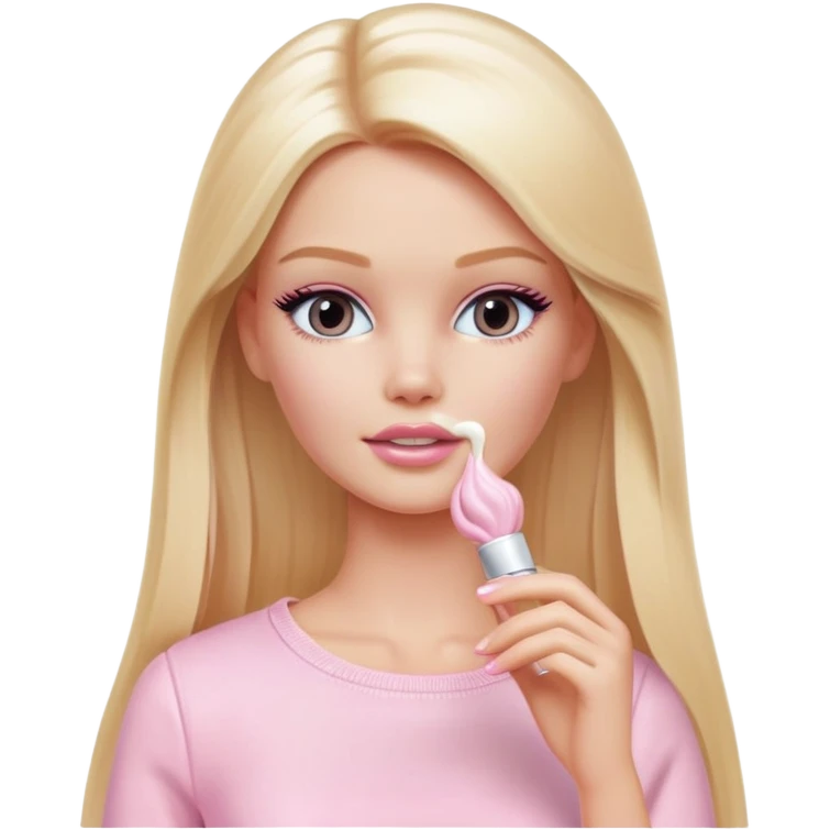 A white Barbie girl with long blonde straight hair in pale pink clothes smears cream on her face emoji