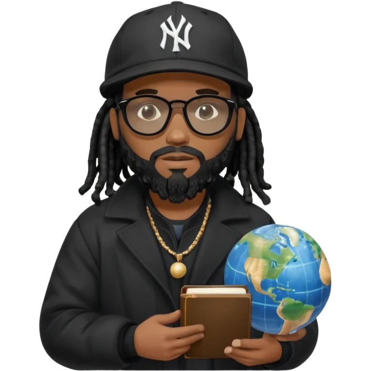 African American man with shoulder length black dreadlocks with black beard wearing black sunglasses wearing a black New York Yankees logo baseball cap wearing a black bubble winter coat holding a Bible and a Globe in his hands emoji