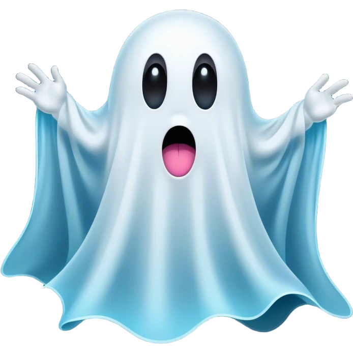 A hilariously exaggerated floating sheet ghost, its simple yet expressive form billowing with animated energy in vibrant whites and pale blues, with two wide, comically shocked eyes and a quirky, startled mouth, simplified yet overflowing with personality, highly detailed with a soft neon-like glowing outline, capturing the playful absurdity of a ghost caught off guard! emoji