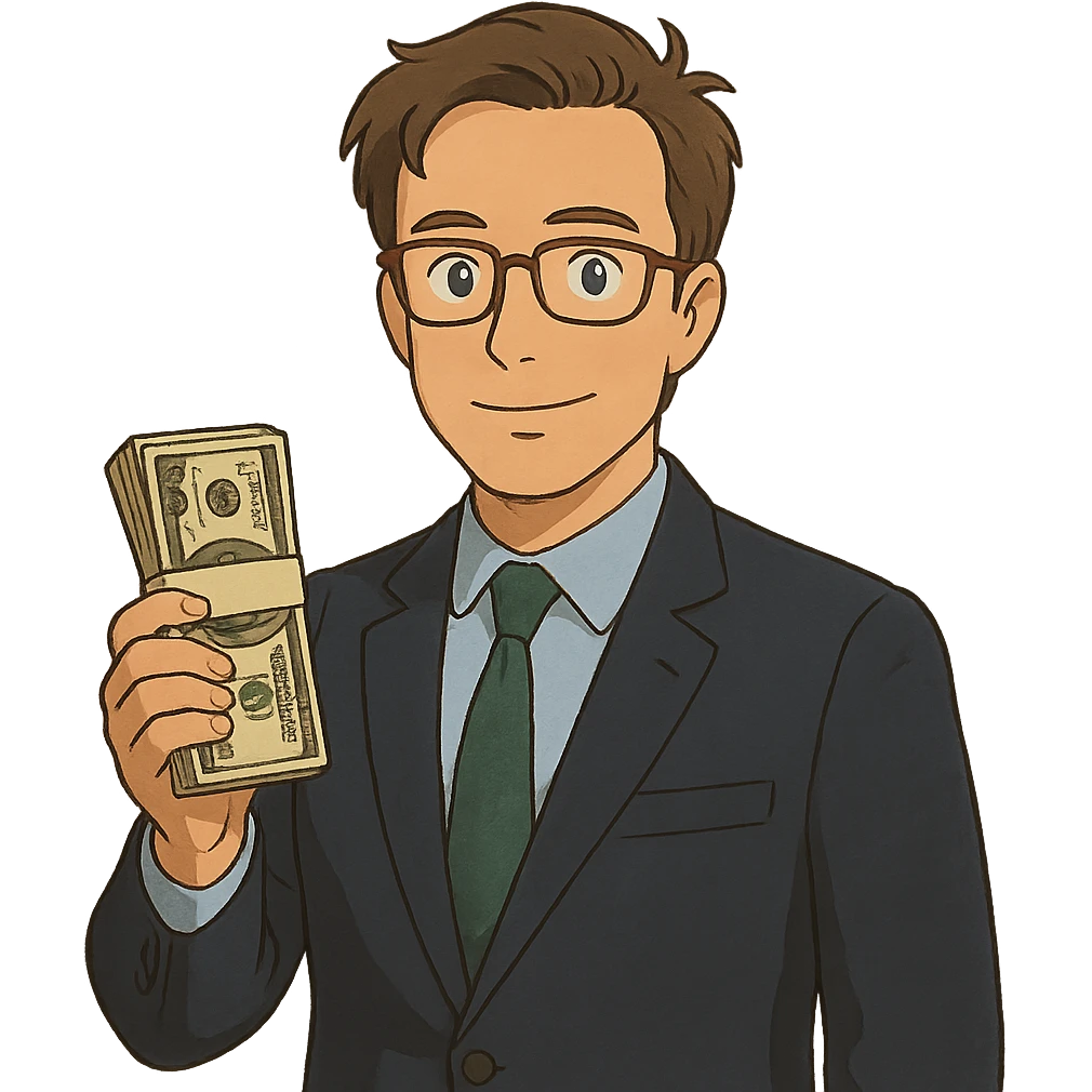 ghibli style Nikolai Astrup, Norwegian politician, holding a pack of money in his hand emoji