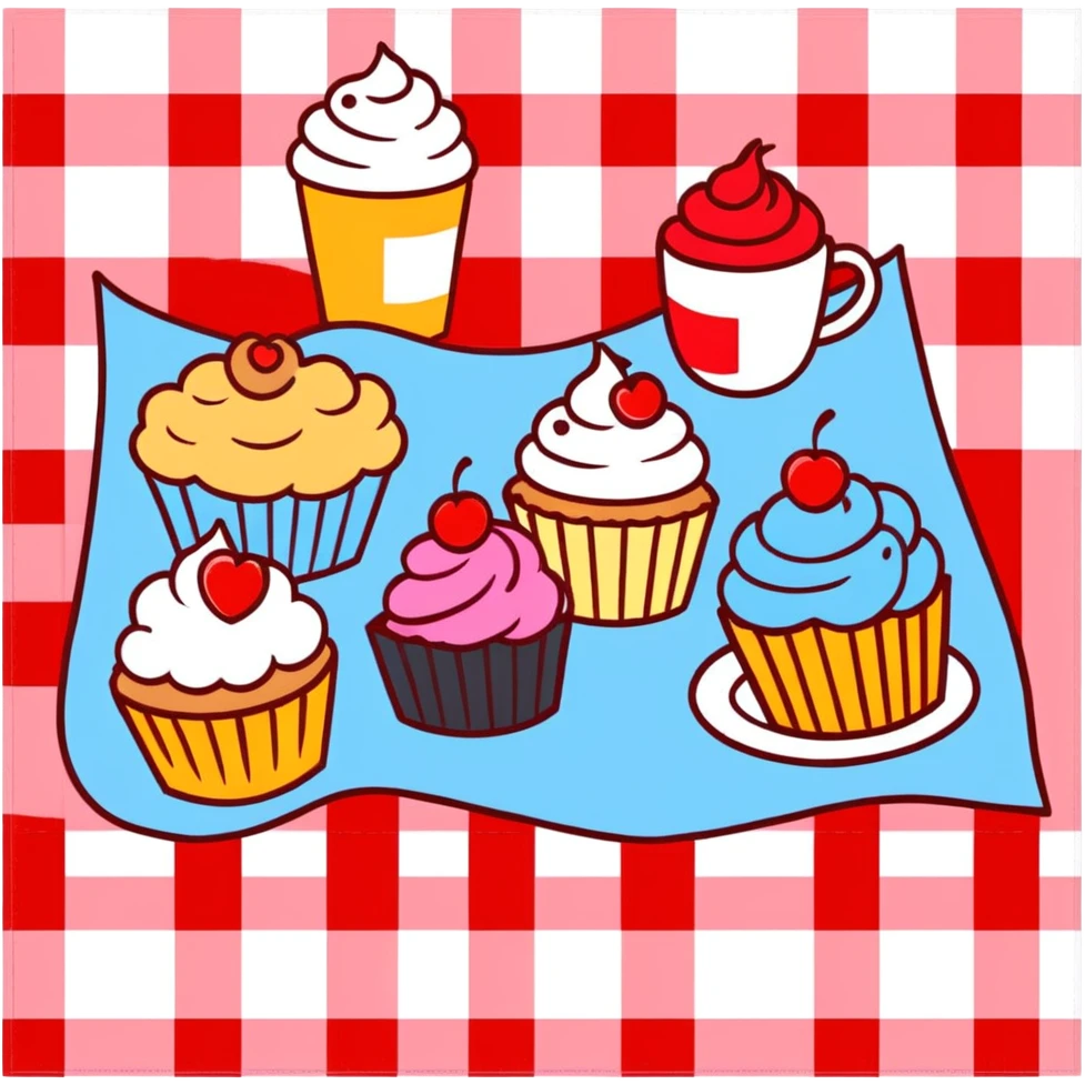 picnic with cupcakes, cookies and tea on a red and white checkered blanket emoji