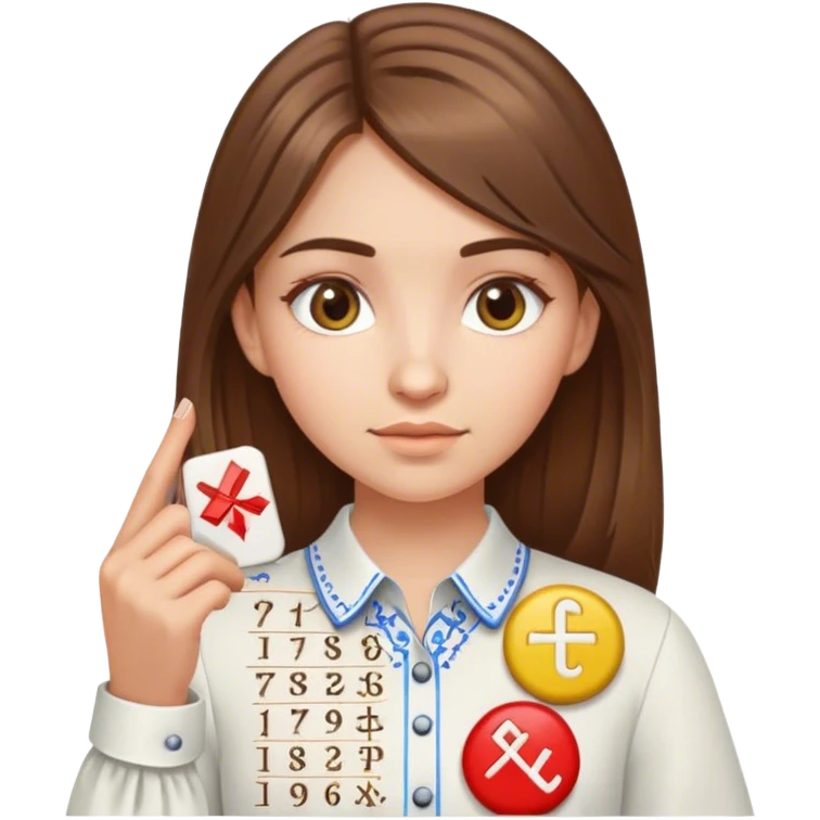 A Ukrainian girl with brown hair wearing an embroidered shirt holds mathematical symbols in her hand emoji