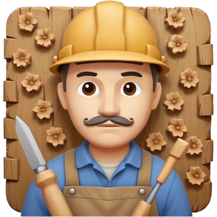 wood carving carpenter portrait, head and shoulders only, carving wooden figure with chisel, wood shavings visible, focused craftsman expression, artisan workshop vibe, 3D cartoon style, mobile game icon style, clean background, no text, no watermark
 emoji