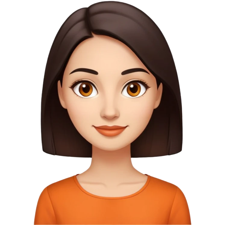 Young woman in her 30s with light skin, oval face, soft features, large dark brown eyes, medium eyebrows, small nose, friendly smile, long straight dark brown hair, wearing an orange elegant blouse emoji