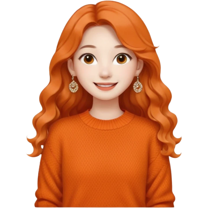 Korean 24-year-old female online shopping mall seller / Orange knit / White face / Earrings / Smiling expression / Long wavy hair / Influencer vibe / Fashionable emoji