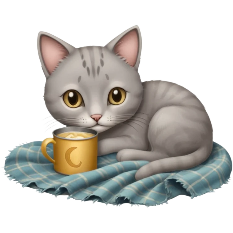 A thin grey cat curled on an old blanket, holding a tiny tin cup with its paws while looking shy but sweet.
 emoji
