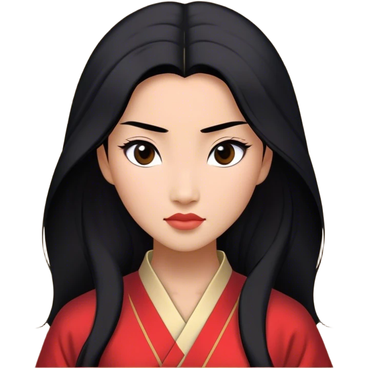 Cinematic Realistic Mulan Portrait, depicted with lifelike skin texture, soft natural lighting, and intricately detailed long black hair styled elegantly. Her deep, expressive eyes exude determination and grace, complemented by a serene yet confident expression. She is dressed in her classic attire, with rich fabric textures and delicate folds that catch the light beautifully. The portrait features a soft, enchanting glow with a natural, radiant finish, capturing the essence of timeless strength and beauty in a realistic and painterly style, evoking a sense of depth and authenticity. emoji