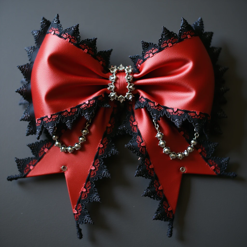 realistic red gothic bow with lace, dramatic pointed ends, ornate silver chains, transparent background emoji
