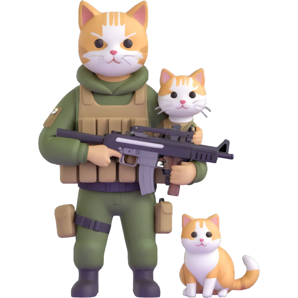 Man in tactical airsoft gear holding a gun in one hand and a white and brown cat in the other hand emoji