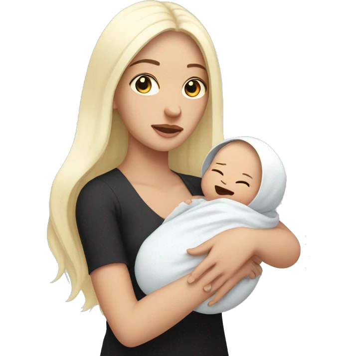 Pale girl with long black hair is holding a pale newborn baby emoji