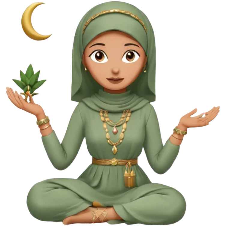 Aesthetic hijabi woman wearing sage green dress and Cartier jewelleries sitting down with crescent moon and ketupat emoji