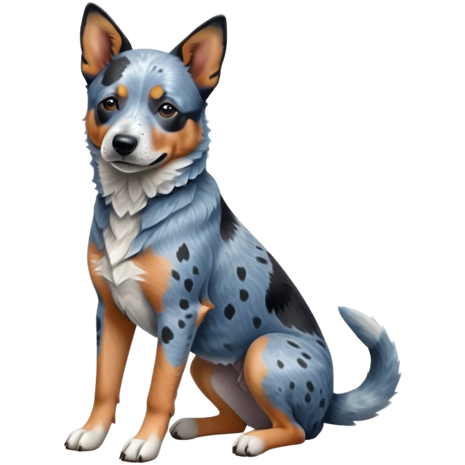 cinematic-[australian catle dog]-realistic-full-body-sitting-emoji,-tail-resting-loosely-beside-its-paws,-head-tilted-dramatically,-sleek-[vibrant-blue-speckle-fur]-fur,-simplified-yet-realistic-focused-features,-highly-detailed,-glowing-with-an-almost-sarcastic-glow emoji