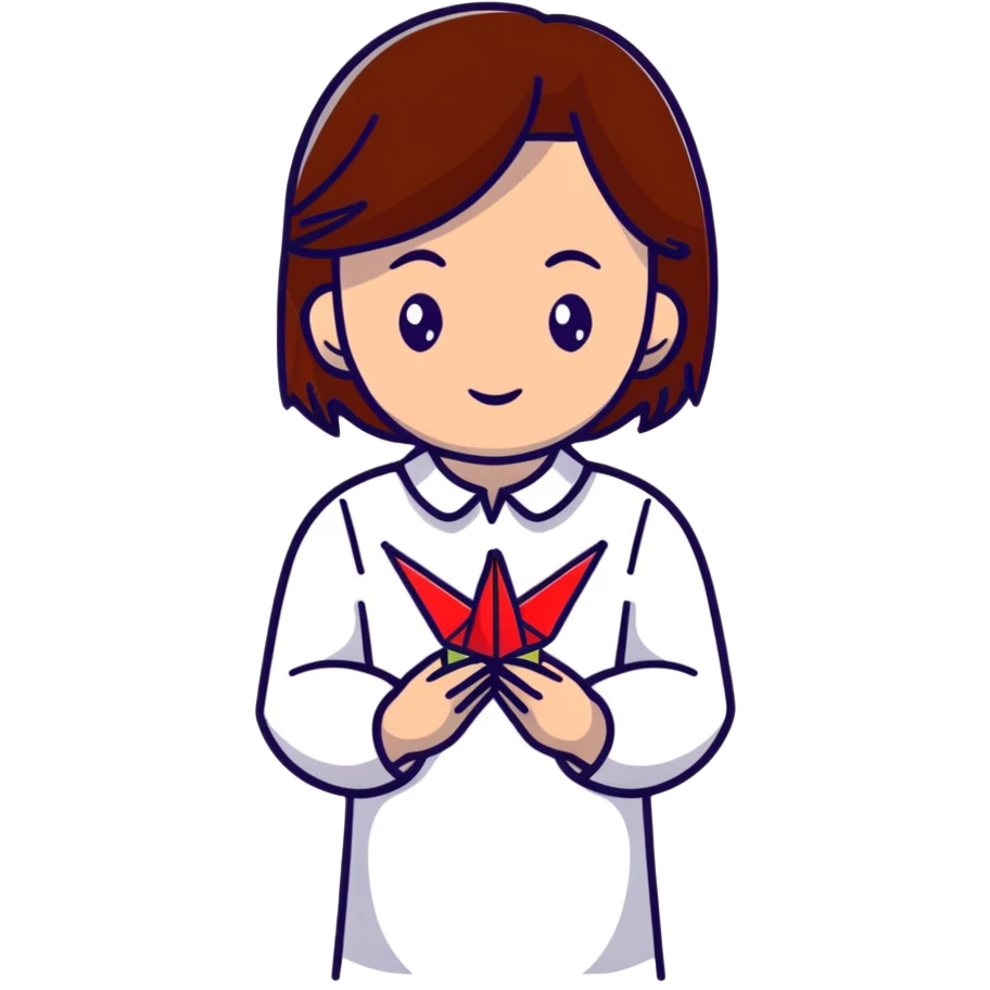 Ukrainian young girl with brown hair wearing an embroidered shirt holds an origami red crane emoji