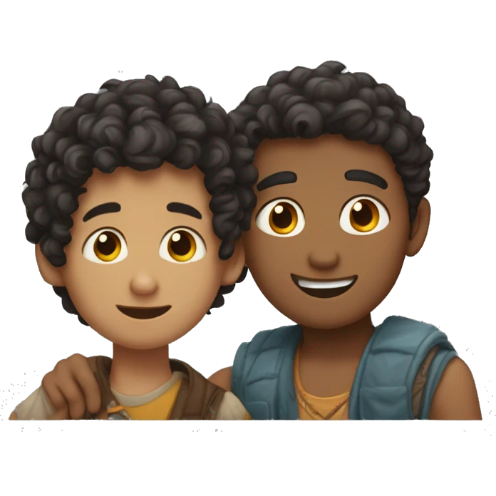 indian boy with short curly hair and Hispanic boy with curly puffy hair having a conversation and hugging it out emoji