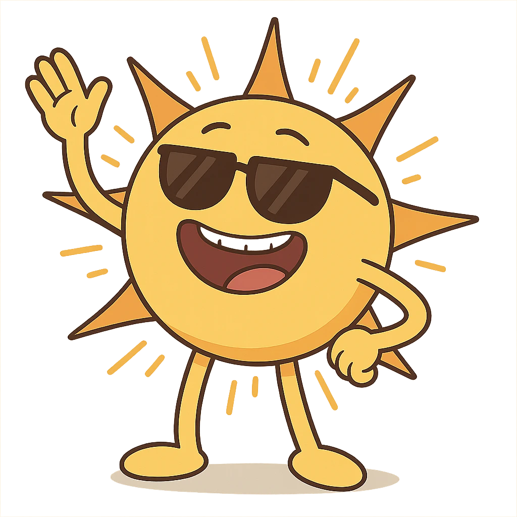 bright sun with sunglasses, radiating warmth, playful cartoon style emoji