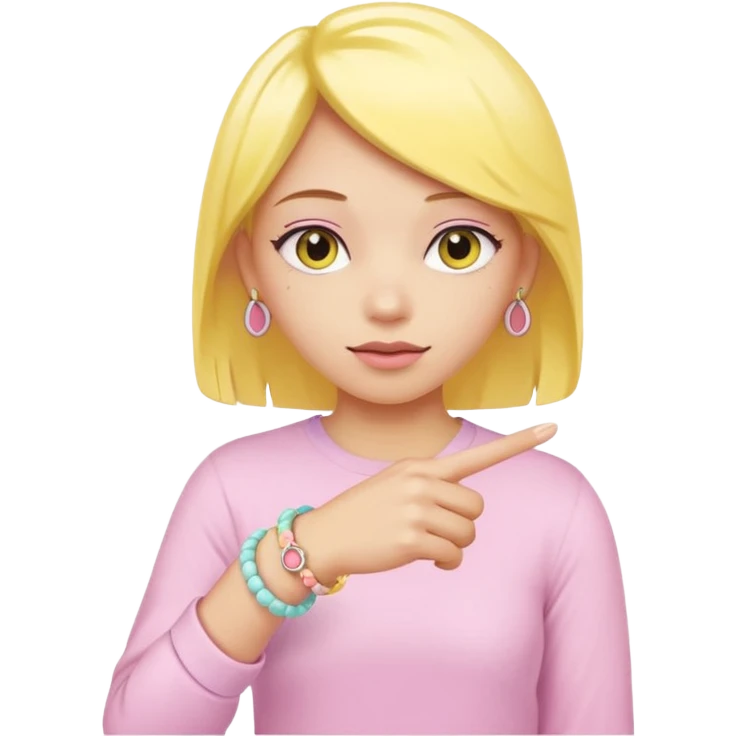 Hand pointin down yellow skin color with pastel bracelets on wrist and cute pink rin emoji