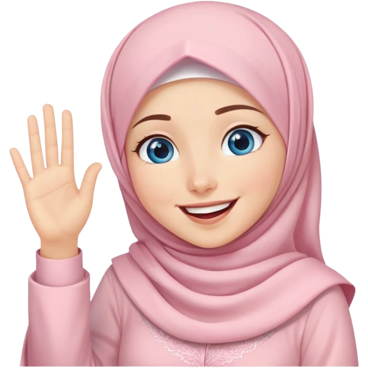 Turkish beautiful finish Konya girl blue eyes with light pink lovely hijab islamic dress and she laugh and wave one's hand emoji