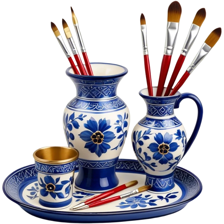 Metal painting icon, a metal vase, tray and metal cup with brushes, each decorated with different techniques: Gzhel-style blue floral patterns, Chinese red and gold designs, and intricate Golden embroidery-style details. Visible fine paintbrush, paint pots, and accessories like porcelain palette, minimalistic style, clean lines, transparent background. emoji