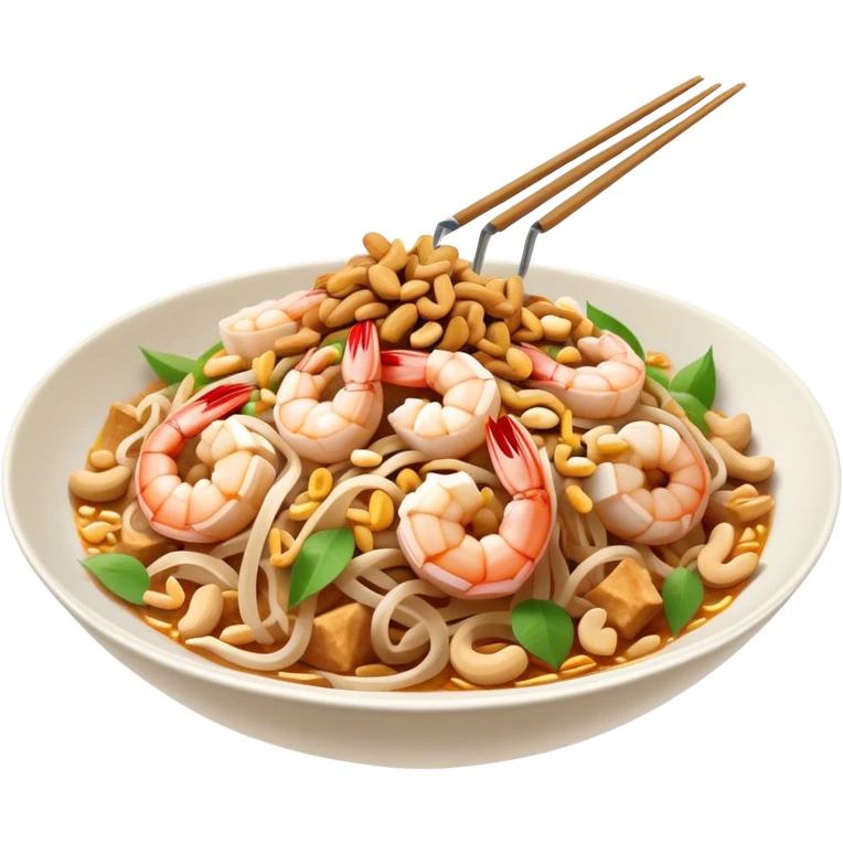 Cinematic Realistic Pad Thai Dish Emoji, depicted as stir-fried rice noodles with shrimp, tofu, peanuts, and bean sprouts rendered with vibrant textures and dynamic, appetizing lighting. emoji