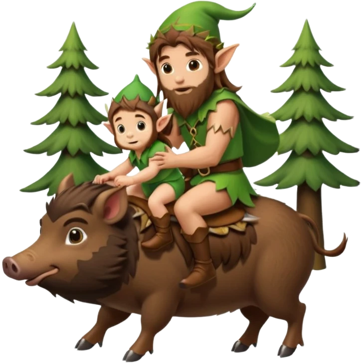 tiny forest elf man long brown hair beard riding baby boar emoji