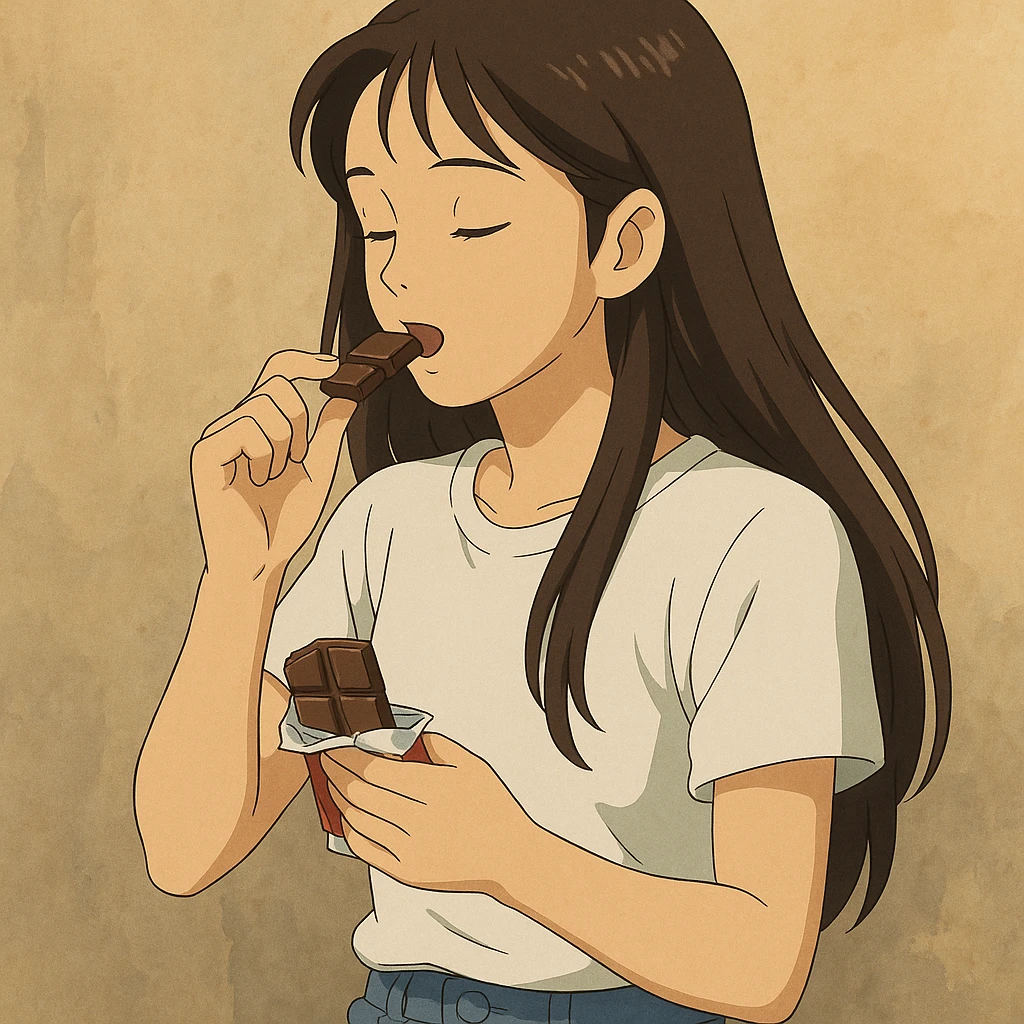 long haired Asian person eating chocolate, wearing white T-shirt and jeans emoji
