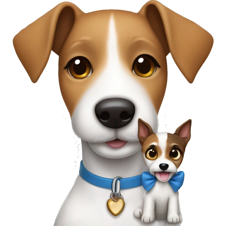 Fox Terrier smooth-haired dog with a toy in the arms of a girl with brown hair and blue eyes emoji