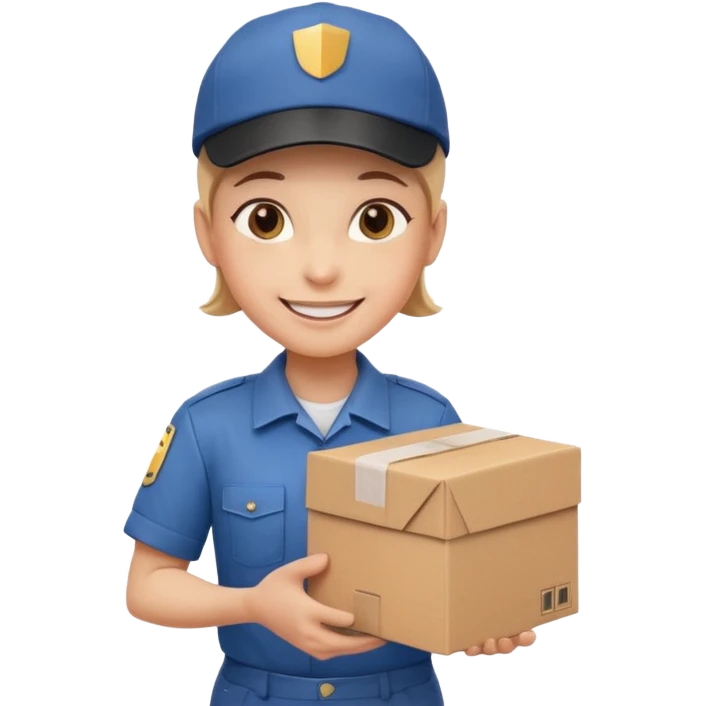  delivery worker holding a cardboard package. Wearing a cap and uniform shirt, smiling expression. Rounded, glossy, smooth, soft shadows, white background.




 emoji