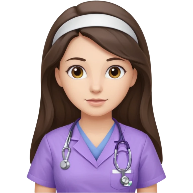pretty brunette nurse with long hair in lilac scrubs emoji