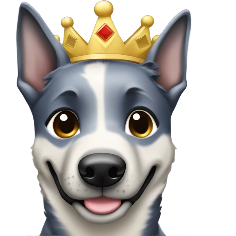 A smiling malinois dark blue merle without red color with a crown on his head emoji