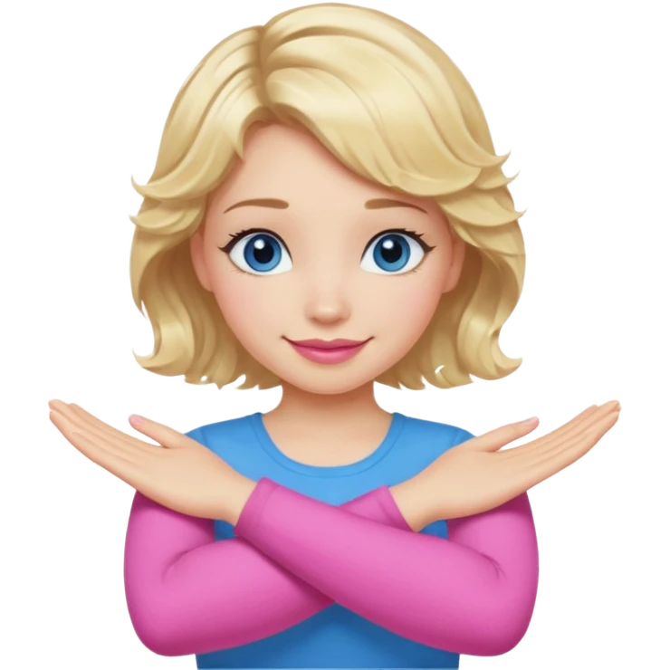 Girl Blonde short wavy hair,  blue eyes, cute blue top, long lashes, pink lips, smiling, making cross arms with arms  emoji