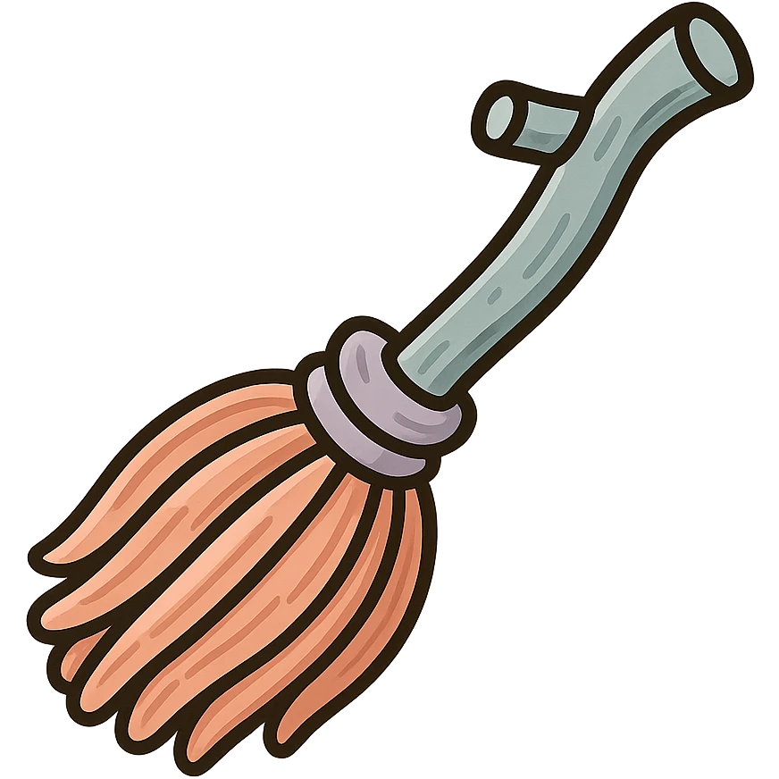 A witch's broom like the reference, but the broom part (twigs) has more lines, not 3 but many, volumetric with detailed shadows and highlights, detailed texture of the handle and twigs, icon-color-outlined style with thin clean contours, soft rounded shapes, pastel palette #98B5BC, #B5B3C1, #C9A3C9, #E4C0CA, #F7DCD1, #F7C0AA, modern Japanese pop art and sticker aesthetics, soft lighting, transparent background. emoji