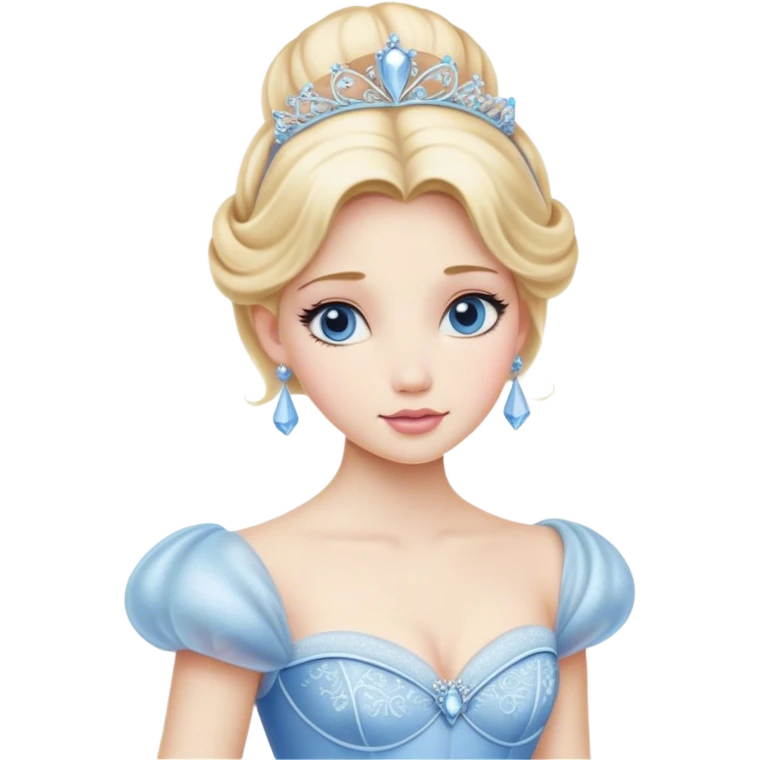 Cinematic Realistic Cinderella Portrait, depicted with lifelike porcelain skin, elegantly styled blonde hair, and a serene, graceful expression. Dressed in her classic ball gown with intricately detailed fabric textures and delicate pastel hues that catch soft, natural lighting, this portrait captures the timeless beauty of a fairy tale princess. emoji