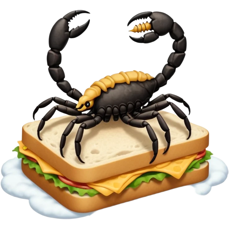 MAKE A SCORPION ON TOP OF A EHITE FLUFFY CLOUD THAT IS HOLDING A SANDWICH IN ITS CLAW AND LOOKING LIKE ITS EATING IT AND ITS NOT ON TOP OF THE SANDWICH ITS HOLDING IT AND NO SANDWICH UNDER ITS FEET emoji