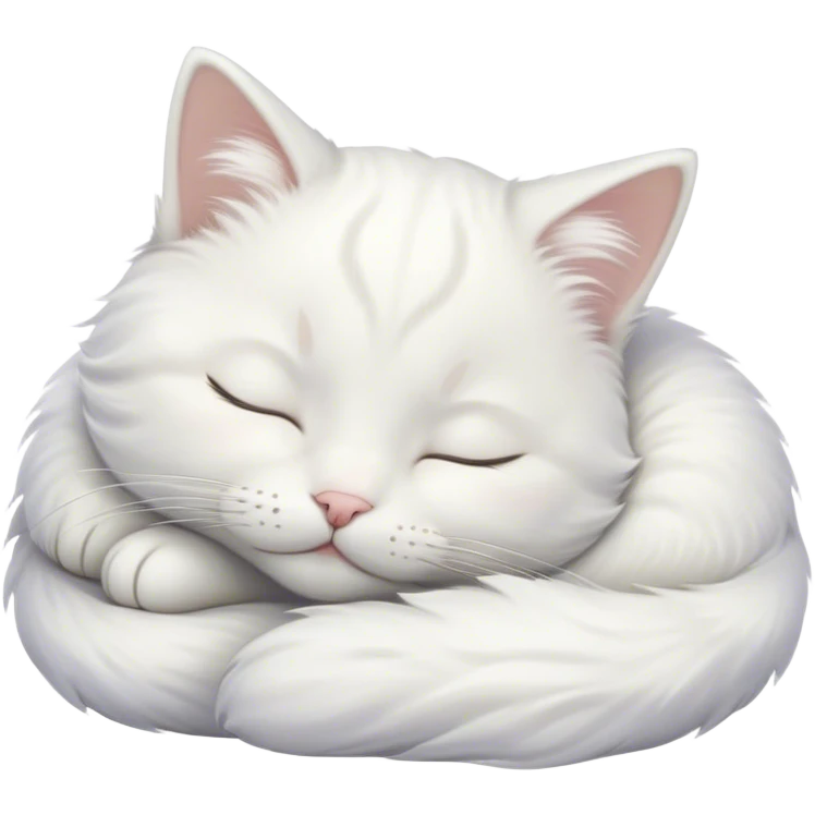 Meme-Worthy Cute Sleeping White Cat Portrait Emoji, Head peacefully tilted with a tender, contented smile and eyes gently closed in serene slumber, featuring a pristine white fur with subtle, delicate silver accents, simplified yet irresistibly adorable, highly detailed, glowing with a soft, drowsy radiance, high shine, exuding calm, heartwarming charm, styled with a gentle, soft glowing outline, capturing the essence of a sleeping white cat that seems destined to become the next viral icon of adorable repose! emoji