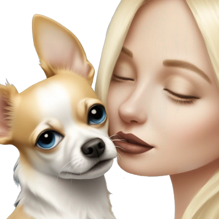 Blonde blue eyed, pale skin woman kissing her chihuahua, the chihuahua has the color of black and white, the chihuahua has long coated  emoji