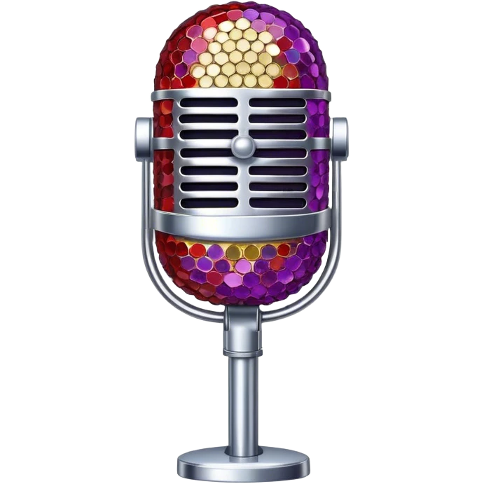 Create a glamorous and vibrant emoji representing stage vocal performance. The design should feature a humanless collage of classic vintage microphone, stage costume covered in rhinestones, sparkling brightly. The costume should be stylized, with glittering elements like sequins and sparkles, and reflect the glitzy, extravagant nature of show business. The microphone should have a sleek, retro look with chrome or metallic accents. Use rich, dazzling colors like gold, silver, deep purple, and bright red to evoke the glamorous, larger-than-life feel of a stage performance. The background should be transparent. emoji