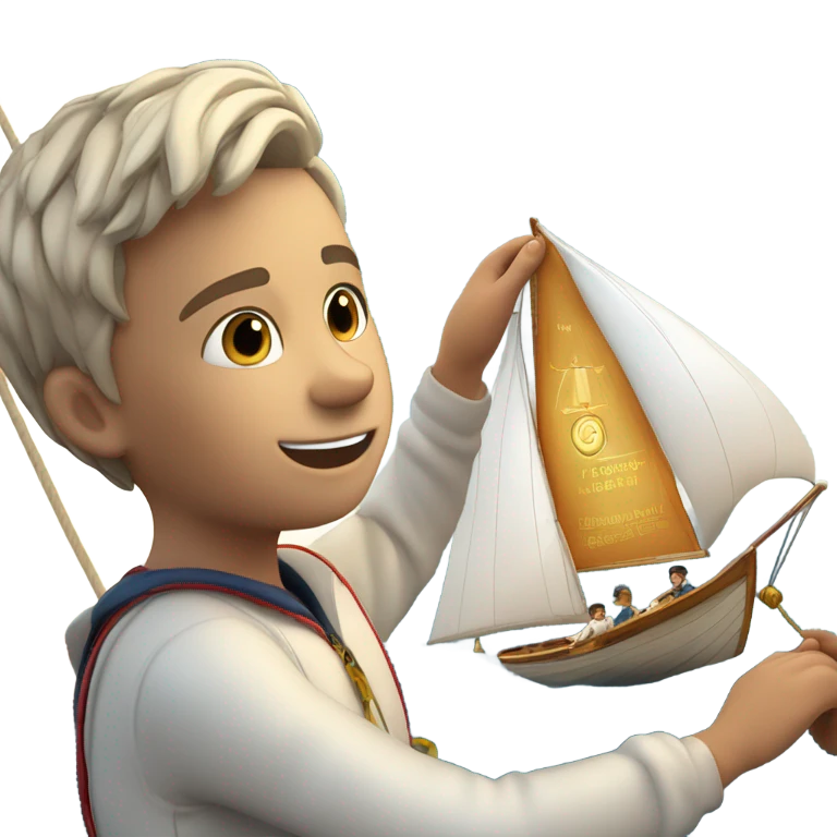 boy puts medal on his sailing boat emoji