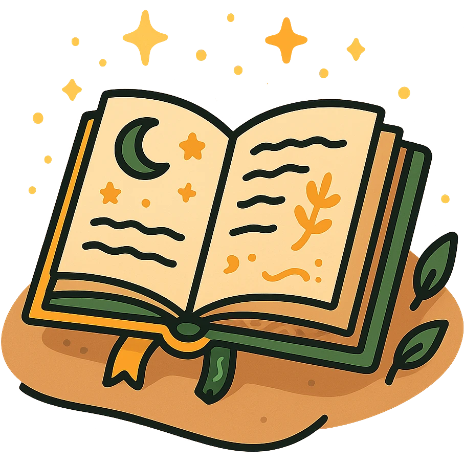  cute open book lying on a cozy surface, designed in a soft and magical color palette: golden orange (FA9B41), deep forest green (4A7C5C), warm taupe brown (96775A), and pastel peach (FFCC9A). The pages are slightly aged with gentle curves, featuring whimsical illustrations, tiny stars, and elegant handwritten text. The book cover, visible beneath the open pages, has decorative patterns and a ribbon bookmark in peach and green tones. Around the book, add soft light, a few leaves, or glowing sparkles, creating a dreamy, enchanted, storybook-like atmosphere. The overall mood is warm, magical, and gentle emoji