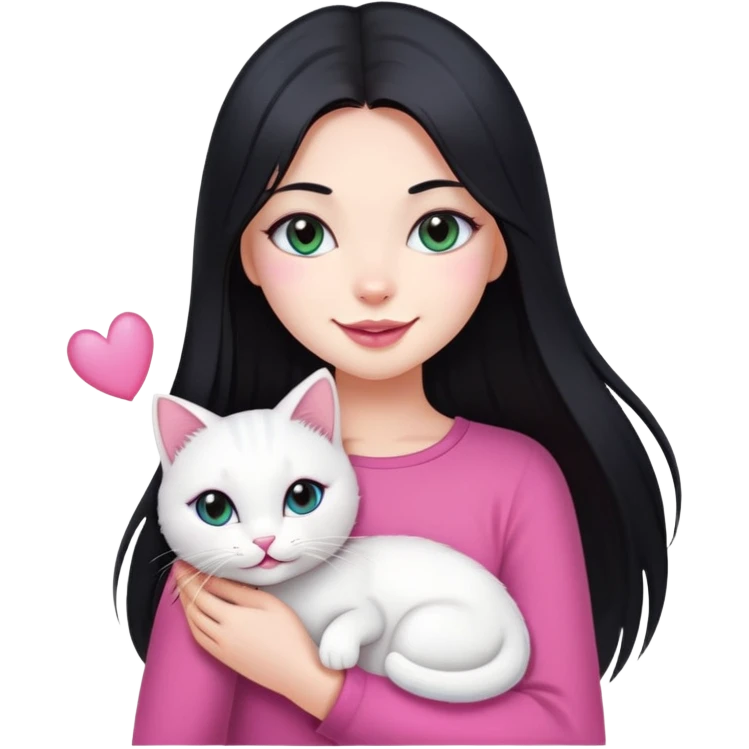 a girl with long black straight hair, small pink lips with a bright smile, sharp slit eye that disappear when she smile, and holding a white pretty cat emoji