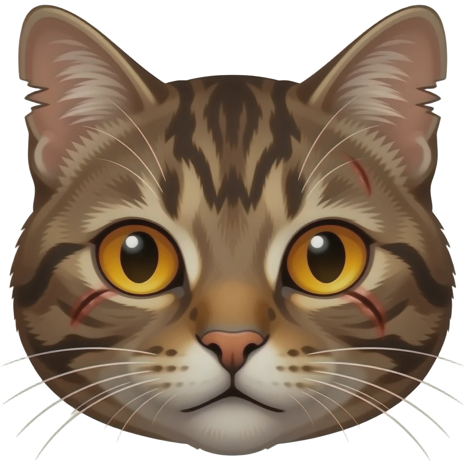 A very darkred-brown tabby cat head with scars and bright orange eyes and a lot of scars and torn ears emoji