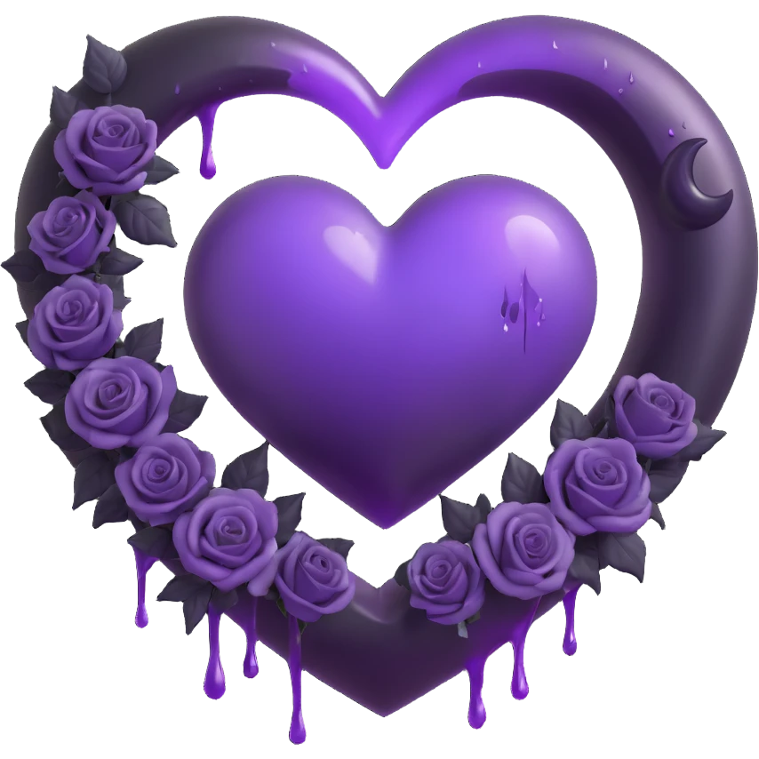 3D emoji gothic heart, purple glass, crescent moon with dripping effect, black roses in a heart shape, faint lightning, misty rain, cracked glass with misty glow emoji