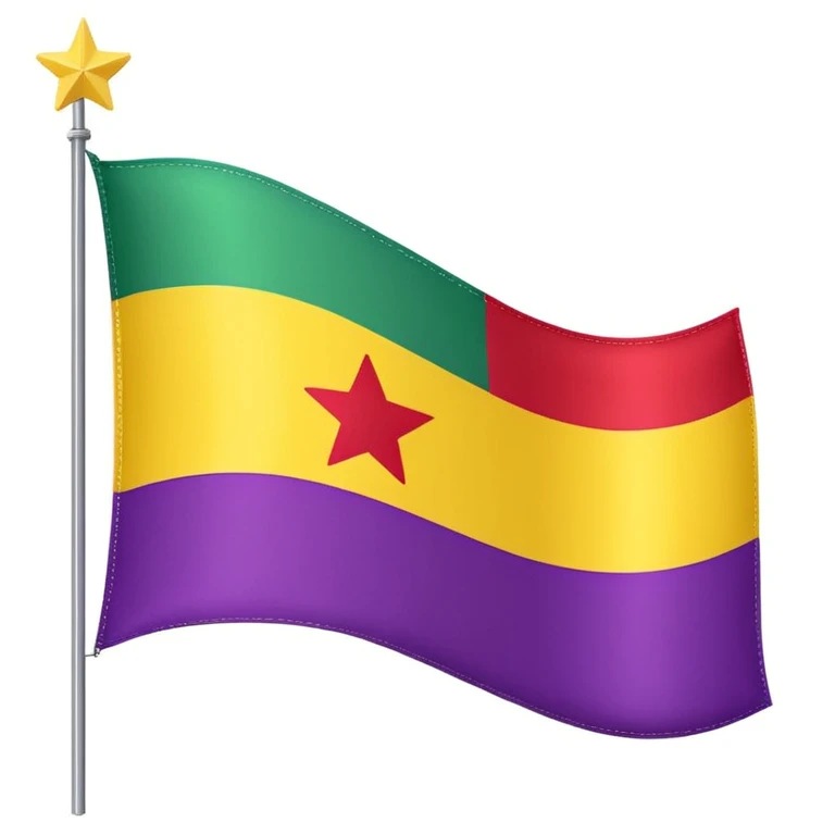 A flag with vertical purple, yellow, and green stripes and a red star in the center. emoji