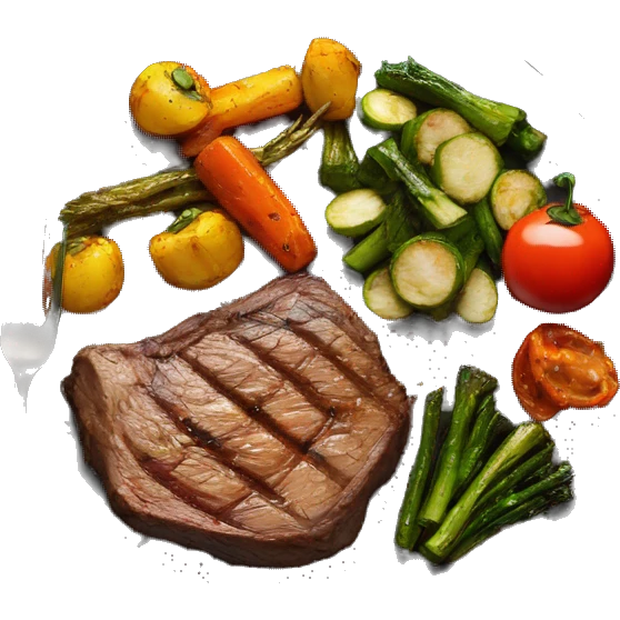 cooked steak and burnt veggies, cooked vegetables, fried vegetables on a plate emoji