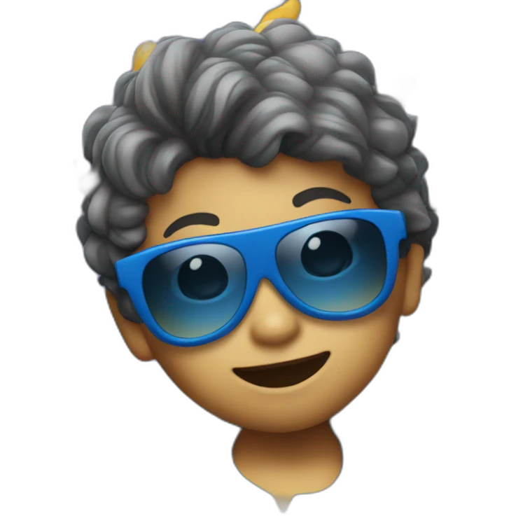 Little kid dancing at party with full blue suit and sunglasses emoji