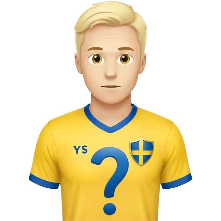 Swedish male soccer player with question mark on the right corner with yellow and blue clothes and with the Swedish flag on the chest and with a question mar outside the emoji emoji