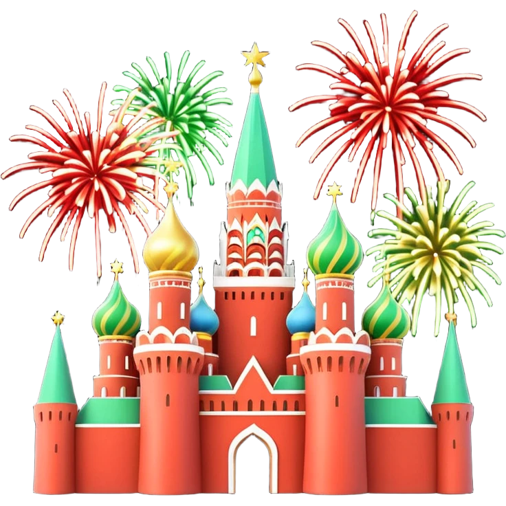 Apple style 3D emoji of New Year fireworks over Moscow. Vibrant multi-colored sparkling bursts (red, gold, green) in the sky. Below, a simplified glossy 3D silhouette of the Kremlin towers with glowing red stars. 
в более пастельных оттенках emoji
