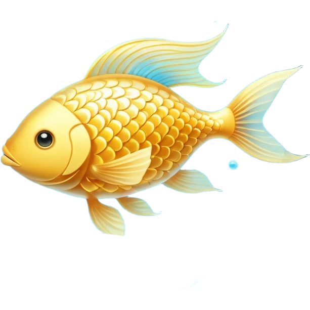 Ethereal golden fish in the shape of an omega symbol, radiating gentle waves of energy that flow toward a glowing brain and heart. The fish appears translucent and luminous, with scales that shimmer with healing properties, all suspended in a dreamy blue atmosphere. emoji